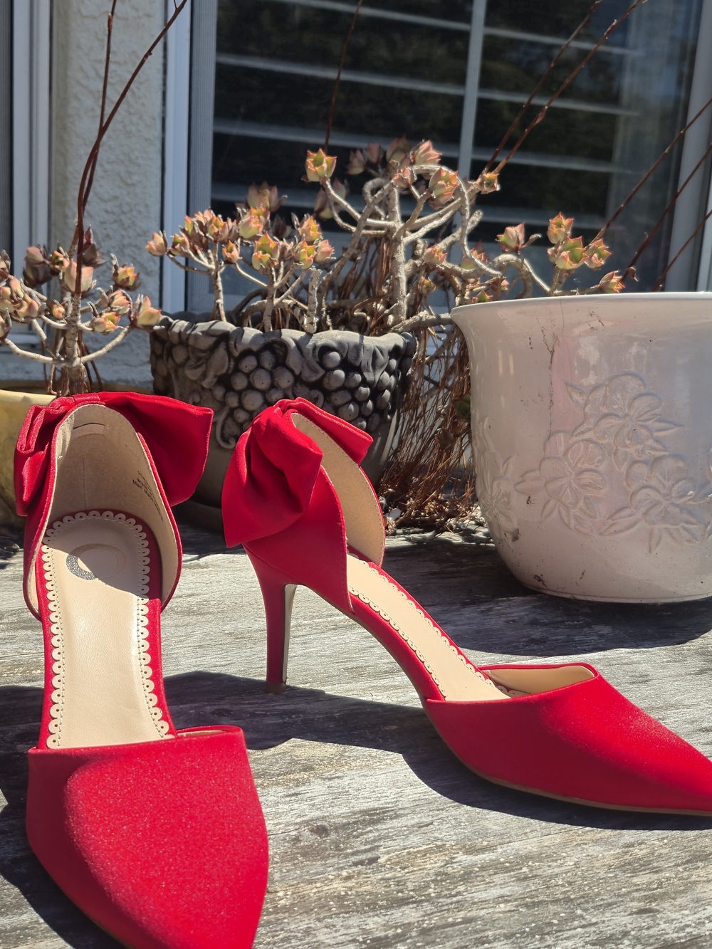 Red Pointed Bow Ankle-Strap Heels for Women